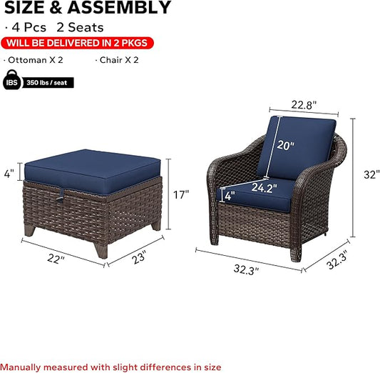 4 Pieces Patio Outdoor Conversation Furniture Set with Cushions, All-Weather Wicker Ottomans, PE Rattan 2 Chairs for Backyard, Deck, Lawn (Navy Blue)