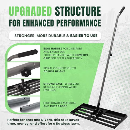 30" x 10" Stainless Steel Lawn Leveling Rake for Soil, Heavy Duty Lawn Leveler Tool for Yard with Adjustable Steel Handle up to 85", Yard Leveling Landscape Rake, Ground Leveler for Garden-Golf Course