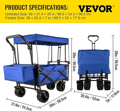 Happbuy Collapsible Wagon with Removable Canopy, 220lbs Heavy Duty Foldable Beach Wagon with Big Wheels