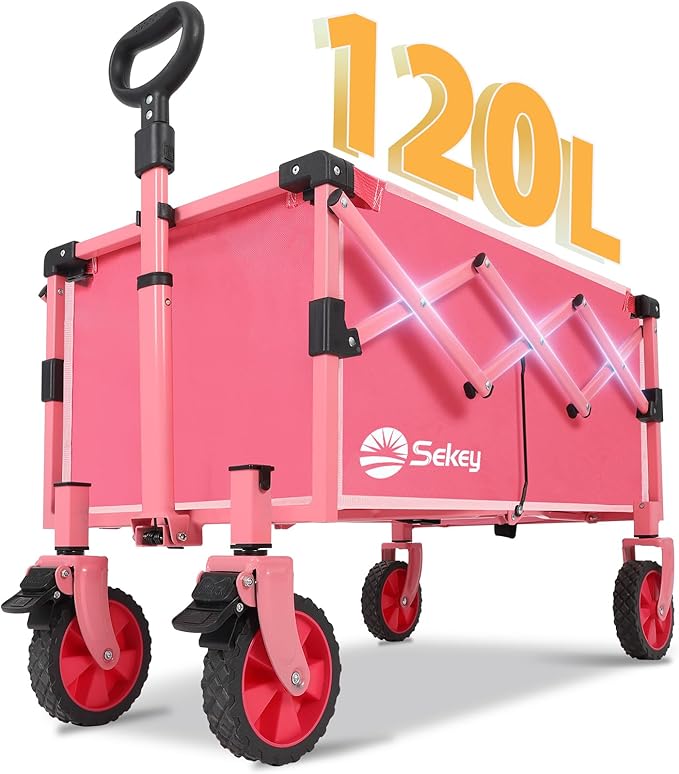 Wagon with Brakes, Foldable Cart with 220LBS Capacity, Utility Lightweight Wagon, Collapsible Grocery Shopping Cart for Camping Sports & Holiday.Pink