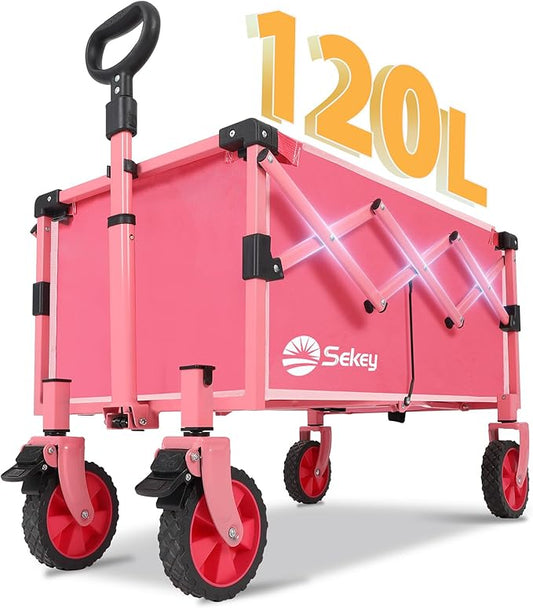 Wagon with Brakes, Foldable Cart with 220LBS Capacity, Utility Lightweight Wagon, Collapsible Grocery Shopping Cart for Camping Sports & Holiday.Pink