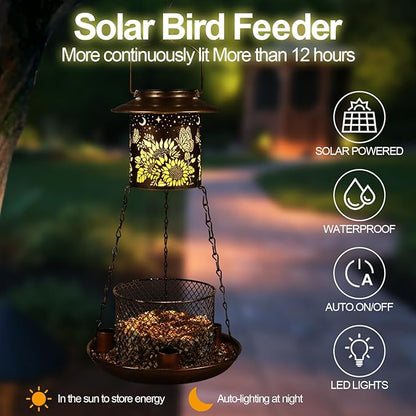 Butterfly Solar Bird Feeder for Outdoor Hanging Gifts for Women Mom Sunflower Metal Wild Birdfeeder Garden Lantern Decor Lanterns Outside for Yard Patio Lawn Pathway Landscape