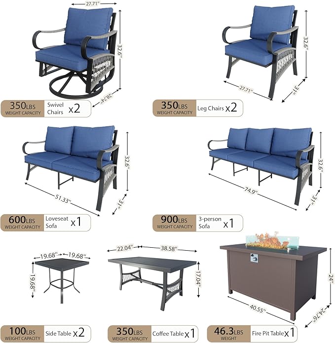 12 Pieces Modern Patio Furniture Set, All Weather Metal Outdoor Conversation Sets with Fire Pit Table for Backyard Garden Deck Porch Poolside, Blue