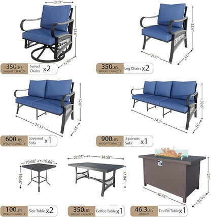 12 Pieces Modern Patio Furniture Set, All Weather Metal Outdoor Conversation Sets with Fire Pit Table for Backyard Garden Deck Porch Poolside, Blue