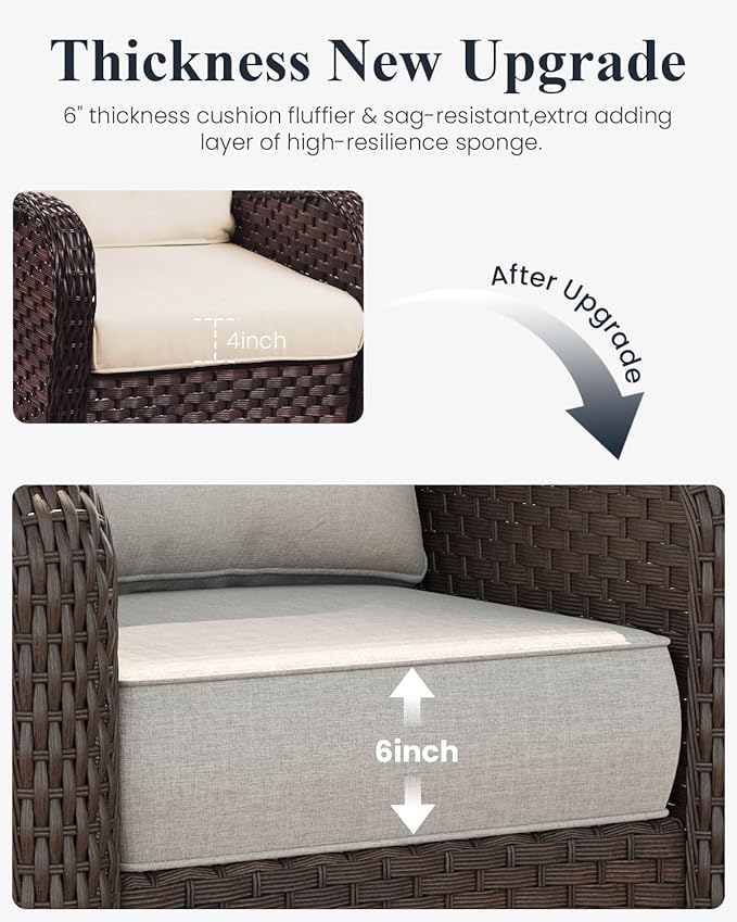 LayinSun 6 Piece Wicker Outdoor Furniture Set with 6-inch Comfy Cushions, High Back Patio Furniture Set with Swivel Rocking Chairs and Side Table