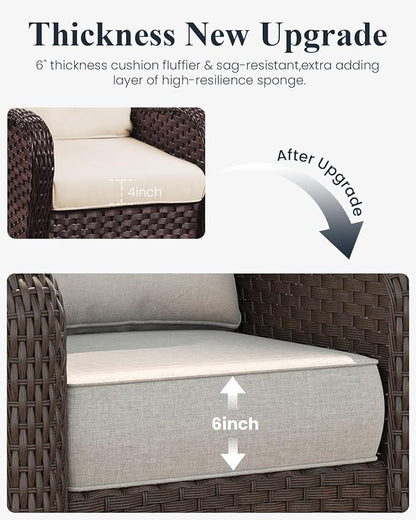 LayinSun 3 Piece Wicker Outdoor Furniture Set with 6-inch Comfy Cushions, High Back Patio Furniture Set with Swivel Rocking Chairs and Side Table
