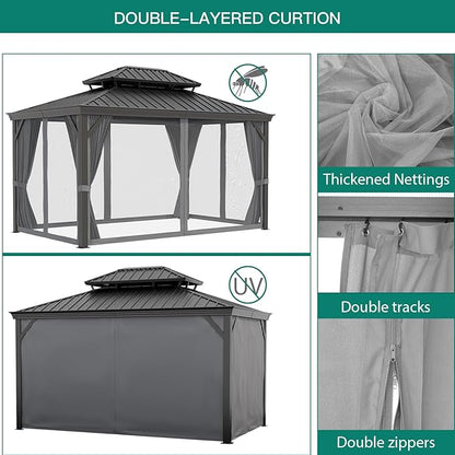 14'x12' Hardtop Gazebo, Heavy Duty Aluminum Permanent Hardtop Gazebo Outdoor Pavilion with Curtains and Netting for Garden (Gray, 14'x12')