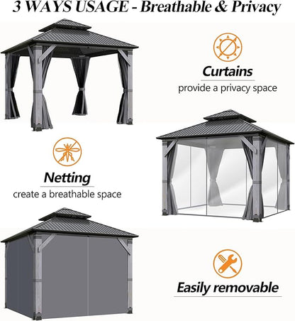 GARTOO 10' x 10' Outdoor Wood Gazebo - Permanent Wooden Hardtop Gazebo Pavilion with Double Curtains, Galvanized Steel Roof Cedar Wood Gazebos for Garden, Backyard Deck, Lawn, Poolside