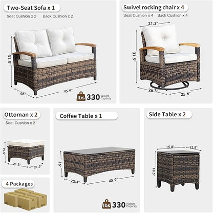 MEISSALIVVE 10 Pieces Outdoor Patio Furniture Sets,PE Wicker Patio Conversation Sets with 4 Wood Armrests Swivel Rocker Chairs，2-seat Sofa and Coffee Table(Brown)