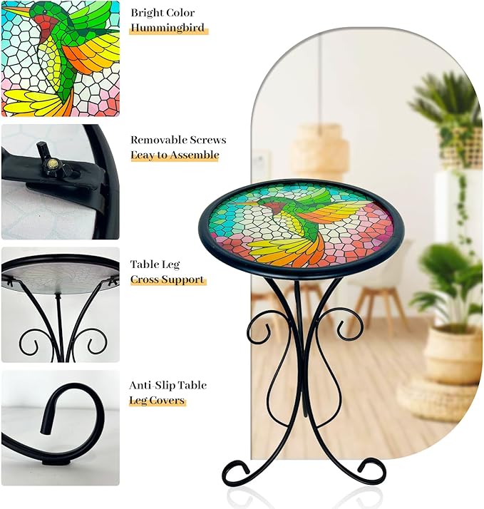 HONGLAND Outdoor Mosaic Side Table, 12" Small Outdoor Table, Round Patio Side Table End Table, Glass Plant Stand, Small Bistro Coffee Table for Garden Patio Porch Living Room （Hummingbird）