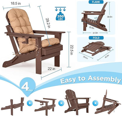 nalone Folding Adirondack Chair with Cushion with Cup Holder, HDPE Plastic Oversized Patio Chair Weather Resistant, Used in Outdoor, Fire Pit, Deck, Garden, Campfire Chairs