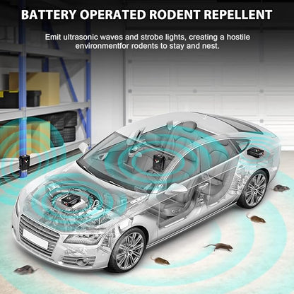 Ultrasonic Rodent Repellent for Car Engine – Battery Powered Under Hood Mouse Repeller with Flashing Strobe Light, Keeps Rats and Mice Away from Vehicle, Automobile, Truck, Garage, Attic, Barn, Shed