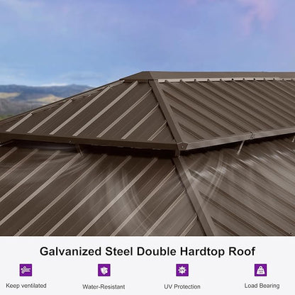 PURPLE LEAF 14' X 24' Outdoor Hardtop Gazebo Patio Wide Aluminum Frame Galvanized Steel Double Roof with Heavy Duty Netting and Curtains for Permanent Hard Top Pavilion Screen,Khaki