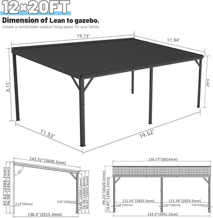 Domi 12’x20’ Lean-to Gazebo, Hardtop Wall-Mounted Gazebo Pergola with Sloping Galvanized Steel Roof and Upgraded Drainage System, Outdoor Permanent Metal Shelters for Patio Backyard Deck, Grey