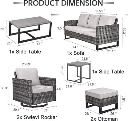 7 Piece Wicker Patio Furniture Set - Outdoor Swivel Rocker Chairs Set with Coffee Table, Side Table, 3 Seat Sofa & Ottomans, Small Patio Conversation Sets for Balcony Deck - Grey/Beige