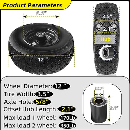 12'' Flat Free Tires Rubber Replacement Solid Tire, 2.1" Offset Hub Wheel Assemblies for Garden Cart Wheelbarrow, 3.5" Wide Polyurethane Tires with 5/8 Inch Axle Bore Hole (410/350-6)