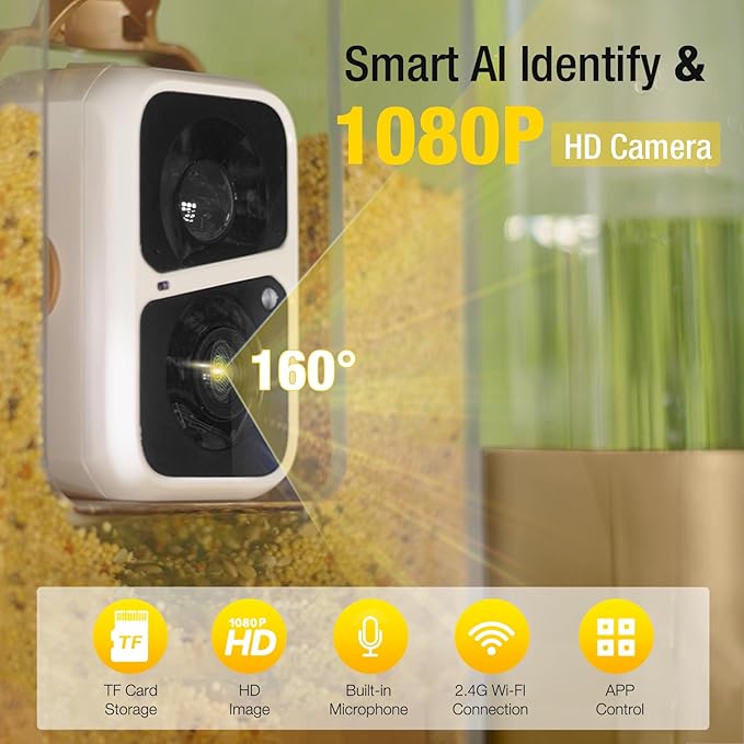 Aivituvin Bird Feeder Camera with AI Identification, Solar Powered, Wireless Hummingbird Feeder with Food, Water, Honey, Present for Bird Lovers