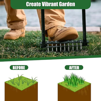 Lawn Aerator Tool, Manual Lawn Aerators with 14 Iron Spikes, Spring-Loaded Design Lawn Air Aerator Tool, Metal Manual Push Aerator, Lawn Tool for Loosening Soil Aerating Patio, Yard