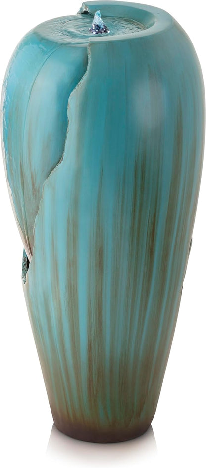 Alpine Corporation DIG100XS | 33"H Outdoor Antique Jar Water Fountain — Cascading LED Light Design for Patio, Deck & Yard — Turquoise Finish
