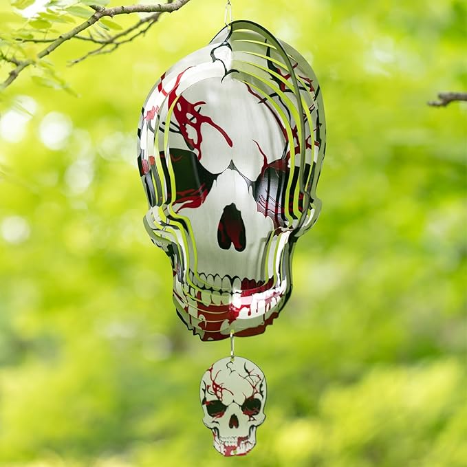 Skull Wind Spinner Halloween Decor 12inch Stainless Steel Garden Wind Spinner Outdoor 3D Kinetic Hanging Wind Sculptures Metal Yard Art Unique Gift Home Decorations