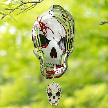 Skull Wind Spinner Halloween Decor 12inch Stainless Steel Garden Wind Spinner Outdoor 3D Kinetic Hanging Wind Sculptures Metal Yard Art Unique Gift Home Decorations