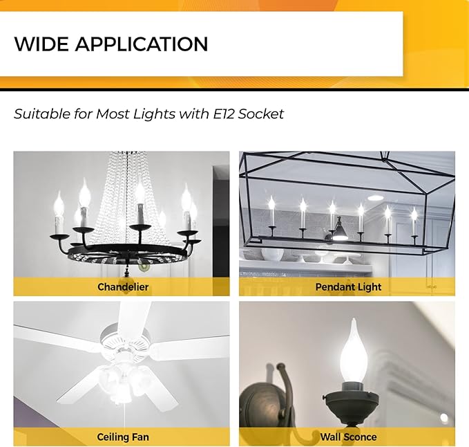 Hizashi E12 Candelabra Bulb 40 watt, 90+ CRI Dimmable Candelabra LED Bulbs, 4W 450LM 5000K Daylight White, E12 Bulb Flame Tip CA10 Candle Light Bulbs, UL Listed - 6 Pack