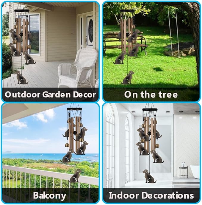 Garden Dog Wind Chimes Outdoor Indoor Decor - with 4 Tubes 4 Bells 5 Dogs Wind Chime, Mobile Romantic Dog Wind Catcher, Dogs Windchimes for Home, Mom Gifts, Balcony, Tree, Festival, Garden Decoration