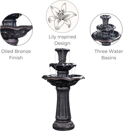 Teamson Home Lily Flower Floor Pedestal 3 Tiered Floor Waterfall Fountain with Pump for Outdoor Patio Garden Backyard Decking, 38 Inch Height, Dark Gray