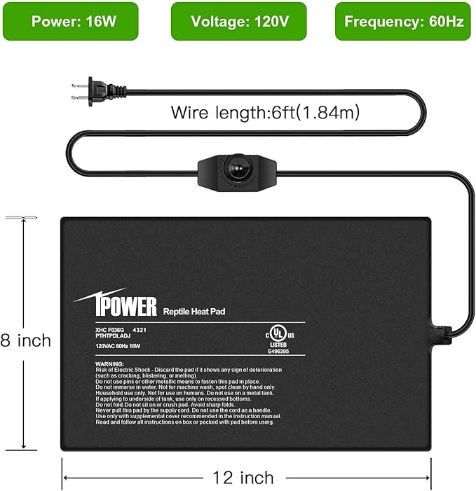 iPower 8 by 12-Inch Reptile Heat Mat with Temperature Adjustment, LCD Digital Aquarium Thermometer, Terrarium Heating Pad for Reptiles & Amphibians