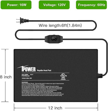 iPower 8 by 12-Inch Reptile Heat Mat with Temperature Adjustment, LCD Digital Aquarium Thermometer, Terrarium Heating Pad for Reptiles & Amphibians