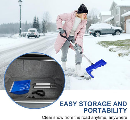 Ergonomic Large Snow Shovel for Driveway: 48-Inch Dual-Lock Knob Anti-Wobble Handle, 16" Plastic Blade w/Metal Edge, Ultra-Light 1.9 lb, Portable Aluminum Shaft, Car, Camping & Emergency, Blue