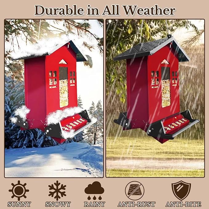 Squirrel Proof Bird Feeder, Red Metal Bird Seed Feeder for Outdoors Hanging Chew-Proof, 6lbs Large Seed Capacity for Cardinal, Finch, Sparrow, Blue Jay, Swallow