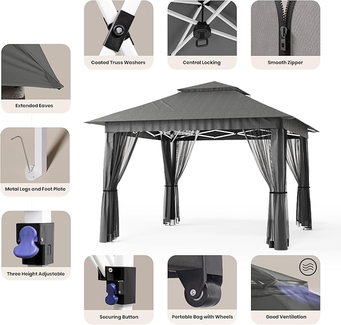 Bealife 11x11 Pop Up Gazebo Tent with Mosquito Netting, Outoor Canopy Tent with 4 Sandbags, 8 Stakes, 4 Ropes, Roller Bag, Pop Up Canopy Tent for Lawn Backyard Garden Deck, Grey
