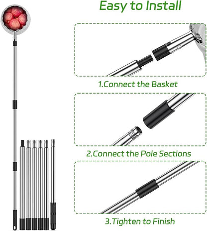 13.8 FT Fruit Picker Tool with Stainless Steel Pole & Soft Basket – Adjustable Tree Fruit Harvester for Apple, Mango, Avocado, Orange, Pear, Lemon & More – Lightweight & Rust-Resistant