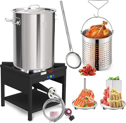 ARC 32QT Seafood Boiling Kit, 200,000BTU Propane Burner and 36" Large Spoon, Crawfish Boil Pot w/Basket and Steamer Rack, Outdoors Cooking and Steaming, Large Turkey Fryer Pot, Lobster Shrimp Pot