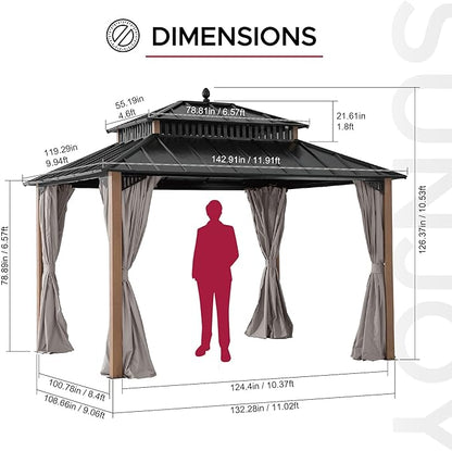SUNJOY Kingston 12' x 10' Hardtop Gazebo with Galvanized Steel Double Roof, Curtain and Netting, Woodgrain Finish Aluminum Posts Permanent Pavilion Gazebo for Garden, Patio, Deck, Lawn