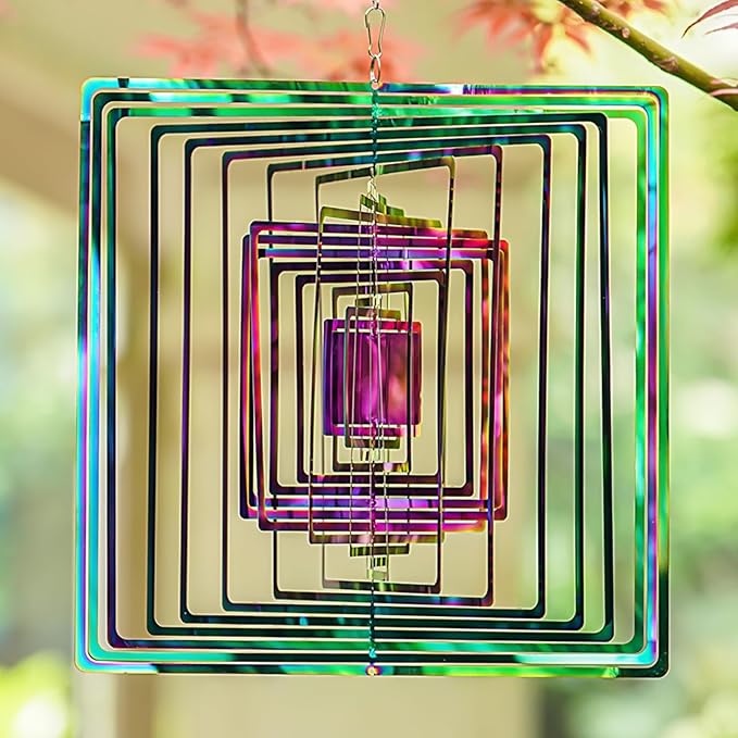 Wind Spinners Outdoor, 3D Maze, Square, Gradient Multicolor, 10 inches Stainless Steel Metal, Hanging Wind Spinners, Garden, Yard Décor, Outside, Gifts for Women Mom Wife