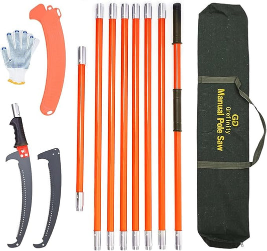 27FT Manual Pole Saw, Tree Branch Trimmer with 8-Section Fiberglass Handle, Sharp Steel Blade, Lightweight Extendable Design for High Branch Trimming, Orange