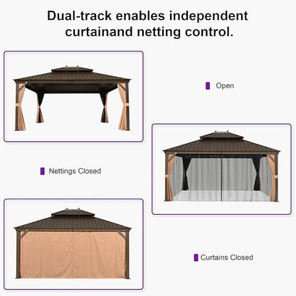 PURPLE LEAF 14' X 16' Outdoor Hardtop Gazebo Patio Wide Aluminum Frame Galvanized Steel Double Roof with Heavy Duty Netting and Curtains for Permanent Hard Top Pavilion Screen Khaki