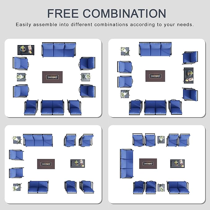 12 Pieces Modern Patio Furniture Set, All Weather Metal Outdoor Conversation Sets with Fire Pit Table for Backyard Garden Deck Porch Poolside, Blue