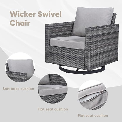 Wicker Patio Furniture Set, 6 PCS Outdoor Patio Furniture Set with Swivel Chairs, Includes 2 Swivel Patio Chairs, 1 Outdoor Couch, 1Side Table and 2 Ottoman, Grey/Grey