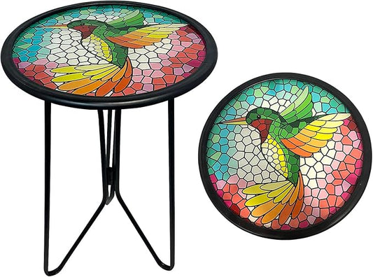 HONGLAND Outdoor Side Table, Small Mosaic Patio Table, 12" Round Metal Side Table End Table, Glass Plant Stand, Small Bistro Coffee Table Plant Stand for Garden Yard Porch Living Room（Hummingbird）