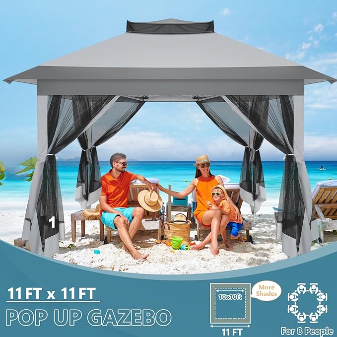 COBIZI 10x10 Pop Up Gazebos on Clearance 11x11 Canopy Tent Easy Up Outdoor Gazebo Waterproof Portable Gazebo with Mosquito Nettings, Double Vented Roof and Carry Bag for Patio Garden Lawn(Gray)