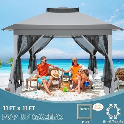 COBIZI 10x10 Pop Up Gazebos on Clearance 11x11 Canopy Tent Easy Up Outdoor Gazebo Waterproof Portable Gazebo with Mosquito Nettings, Double Vented Roof and Carry Bag for Patio Garden Lawn(Gray)