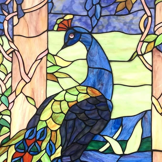 Bieye W10096 Peacock in Garden Tiffany Style Stained Glass Window Panel for Home Decor (Blue, 19.5Wx40.5H Rectangular)