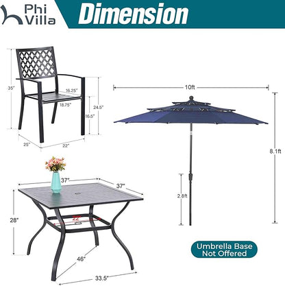 PHI VILLA Patio Dining Set 6 Piece with 4 Metal Outdoor Stackable Chairs, 1 Square Metal Table and 10ft 3 Tier Umbrella(Navy Blue), Outdoor Table Furniture Set for Patio, Deck, Poolside
