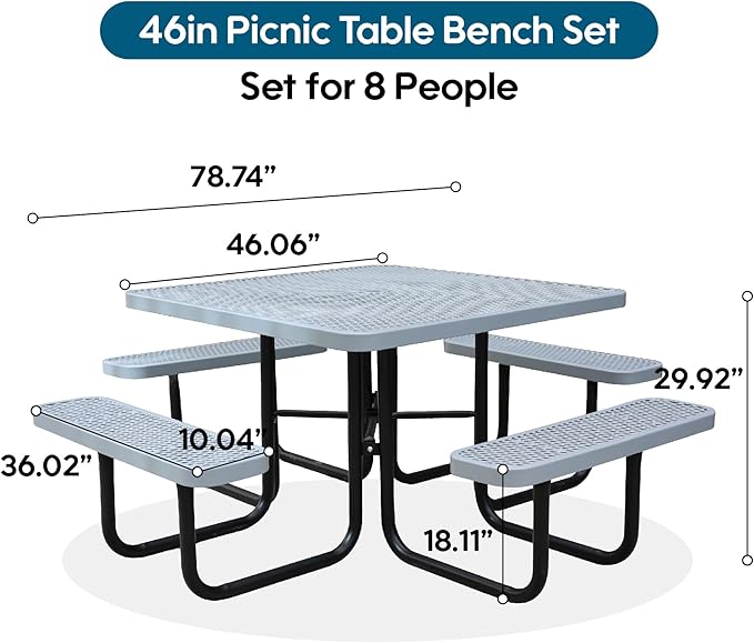 8-Person Picnic Tables for Outdoors, Industrial 46" Expanded Metal Square Picnic Table with 4 Benches & Umbrella Hole, Outside Table and Bench Set for Garden, Backyard, Porch, Patio, Grey