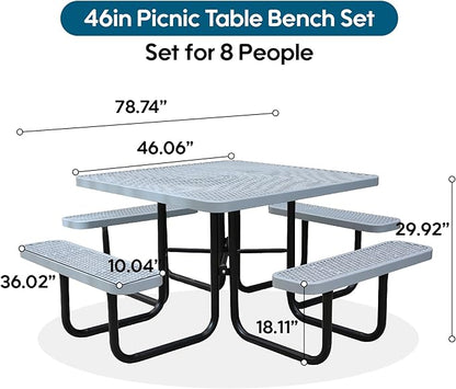 8-Person Picnic Tables for Outdoors, Industrial 46" Expanded Metal Square Picnic Table with 4 Benches & Umbrella Hole, Outside Table and Bench Set for Garden, Backyard, Porch, Patio, Grey