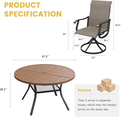 VICLLAX 7 Pieces Patio Dining Set for 6, Outdoor Furniture Set Includes 47.2" Outdoor Round Table and 6 Patio Swivel Chairs for Lawn Garden, Walnut Tabletop and Mixed Brown Fabric