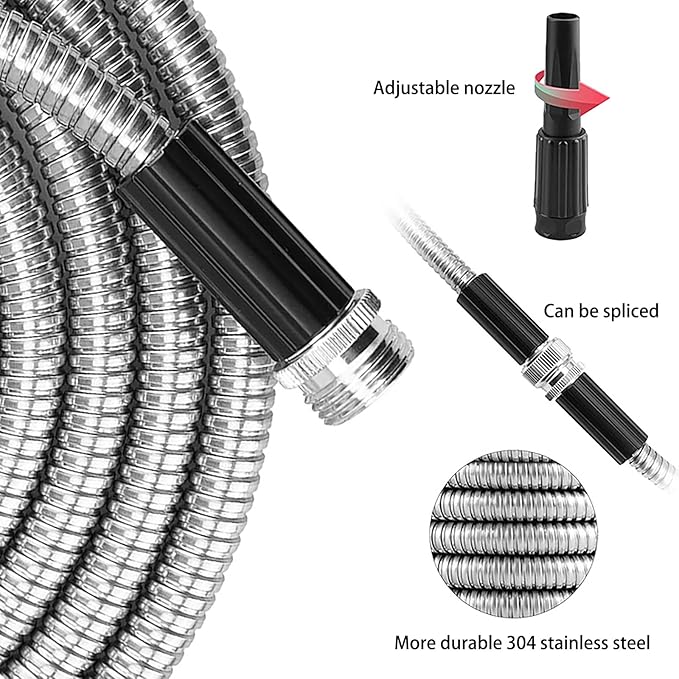 100ft Metal Garden Hose Stainless Steel Heavy Duty Water Hose With 2 Nozzles, No Tangle and Kink, Lightweight & Flexible, Tough and Pet Proof, Metal Garden Hose for Yard, RV, Garden, Outdoor